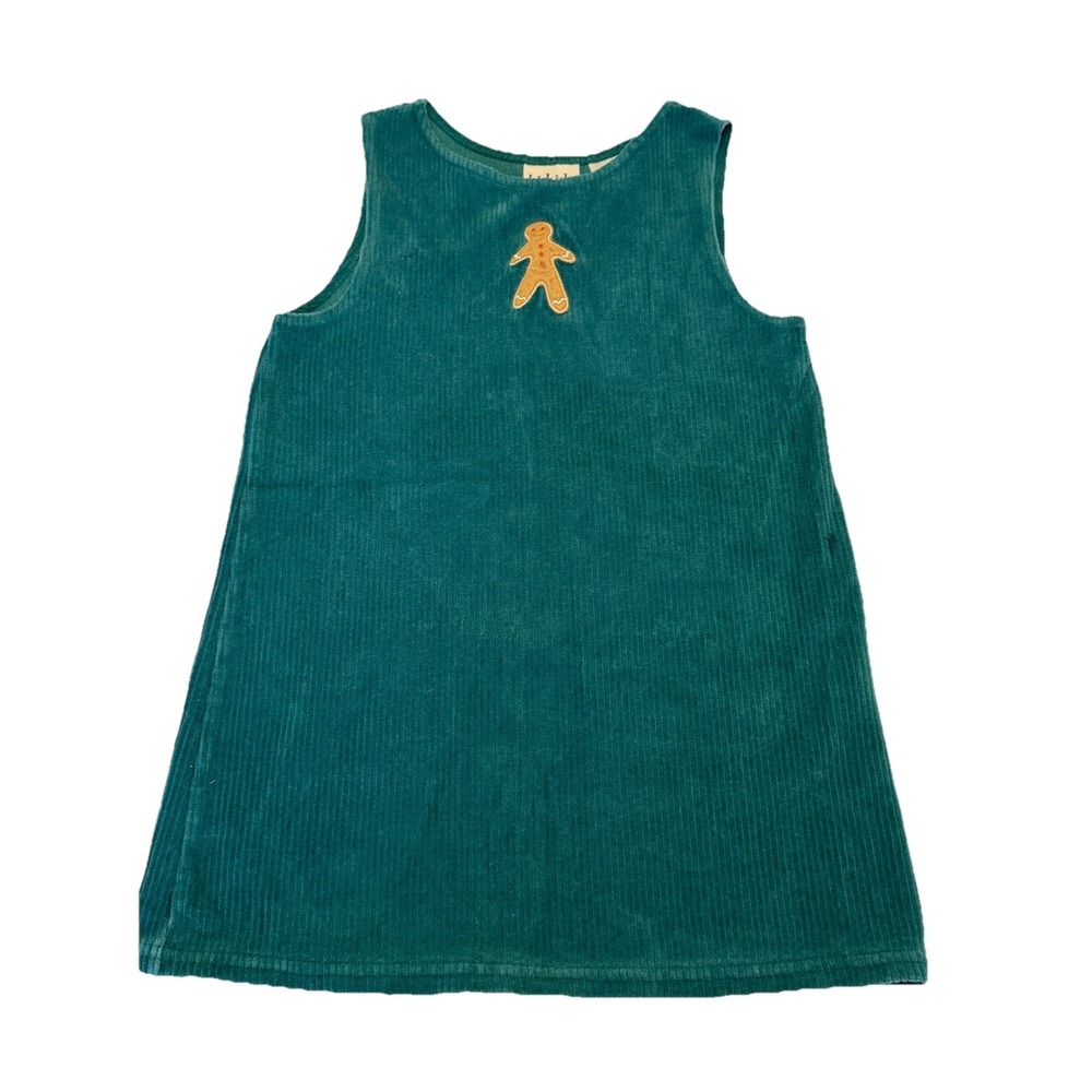LL Kids Dress LL Bean ‎ Girls 5/6 Green Corduroy Gingerbread Man Christmas Vtg
